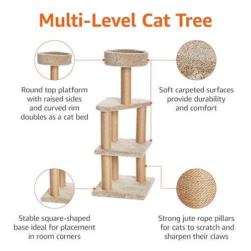 Basics Cat Tree Tower - Multi-Level Climbing Activity Center for Indoor Cats & Kittens with Scratching Posts, Platform, Jute Rope, Large (45.9"H)