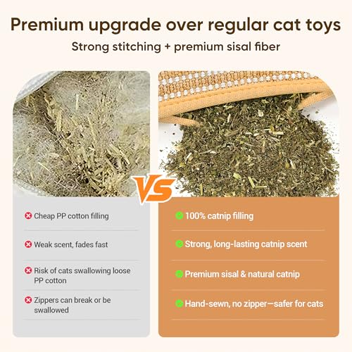 Sisal Catnip Pillow Toy Kickers, 2 Pack Interactive Catnip Toys with Organic 8000mg Herbal Blend for Indoor Scratching, Chewing & Teething, Fun for