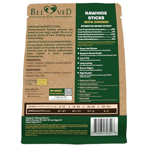 Beloved Pets Dog Treats & Long Lasting Rawhide Chews Wrapped Chicken 10.6 Oz – Pet Bones Sticks for Large, Medium & Small Breeds – Aggressive Chewers