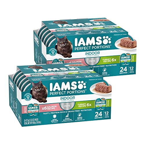 IAMS Perfect Portions Indoor Adult Grain Free Wet Cat Food Pate, Turkey and Salmon Recipe, 2.6 oz. Twin-Pack Trays (12 Count, 24 Servings) (Pack of 2)