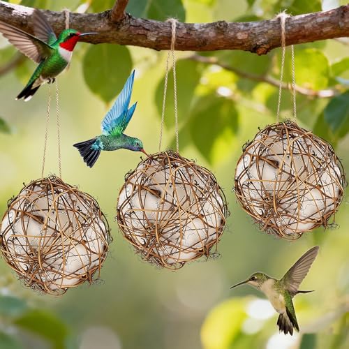 winemana Bird Nesting Material Holder for Hummingbirds, 3 Pack Natural Nesting Balls with Cotton Fibers for Wild Birds Outdoor Hummingbird House Gift