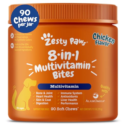 Zesty Paws Dog Multivitamin, Chewable Dog Vitamins and Supplements for Hip & Joints, Skin & Coat, Omega 3 Fish Oil for Dogs- Senior & Puppy