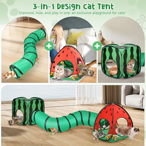 Tailtastic 3-in-1 Watermelon Cat Play Tunnel with Pop-Up Cube & Triangle Cat Tent, Interactive Toy Ball & Foldable Design - Easy Magic Tape Assembly