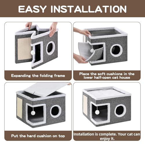Cat Beds for Indoor Cats, Large Cat Cave with Fluffy Ball and Scratch Pad, Foldable Cat Scratch House with Hideaway Condo for Kitten,16x16x13inch,Grey