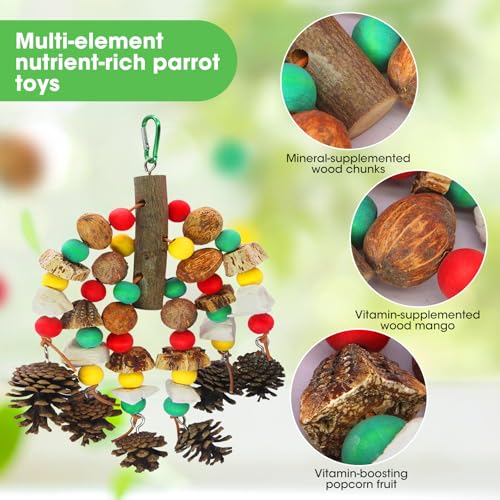 MQUPIN Parrot Toys, Nuts Nutrient-Rich Bird Toys,Natural Wooden Parrot Cage Bite Toy,Chewing Toy Containing Cuttlefish Bones,Pine Cones,Wooden