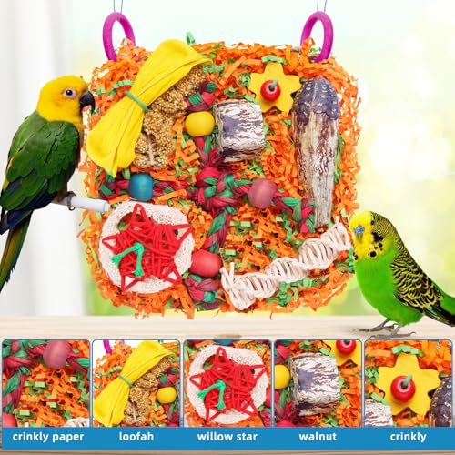Bird Toys for Small & Medium Parrots - Natural Foraging & Shredding Cage Hanging Toys with Seagrass Mat, Starfruit, Loofah Slices for Budgies