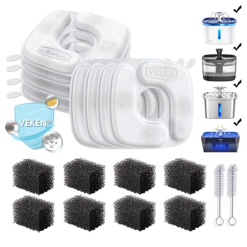 Veken Cat Water Fountain Filters, 8 Pack Replacement Filters & 8 Pack Replacement Pre-Filter Sponges Set for 50oz, 84oz, 95oz or 108oz Automatic Pet