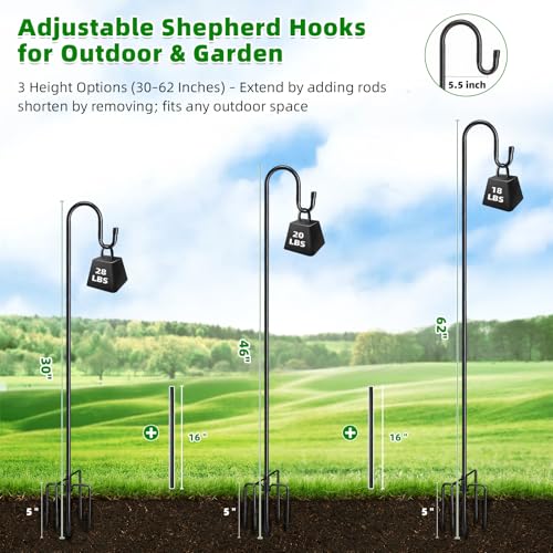 COCONUT 62" Shepherds Hooks for Outdoor, Bird Feeder Pole with 5 Prong Base, Adjustable Height Shepherds Hook for Hummingbird Feeder, Bird Feeder