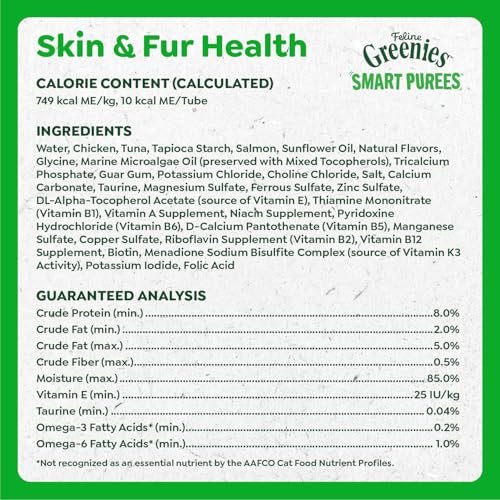 Greenies Feline Smart Purees Skin & Fur Health Lickable Cat Treats with Real Salmon, 0.49 oz. Tubes, 20 Count