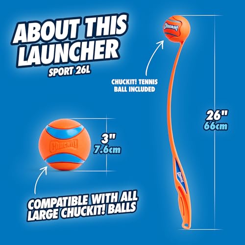 Chuckit! Sport 26L Dog Ball Launcher - Includes a 3-inch Diameter Large Ball for Dogs 60-100 Pounds - Manual Thrower for Dog Balls With a Slim