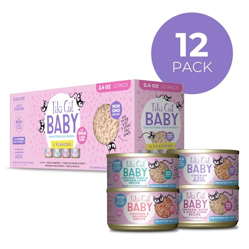 Tiki Cat Baby Wet Cat Food for Kittens, Shreds Variety Pack 2.4 oz. Cans (12 Count)