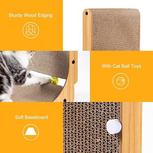 Poils bebe L Shape Cat Scratcher, 26.8 Inch Cat Scratchers for Indoor Cats, Protecting Furniture Cat Scratch Pad, Cardboard Cat Scratching with Ball