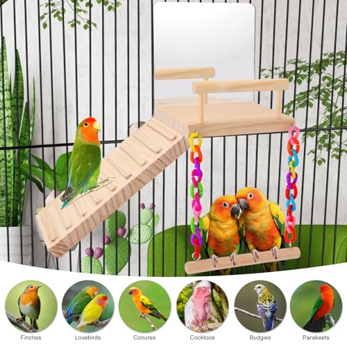 KyoukiBird Perch Platform Bird Toys with Bird Mirror Climbing Ladder Swing, Parakeet Cage Accessories - for Cockatiels, Lovebirds, Budgies,Pacific