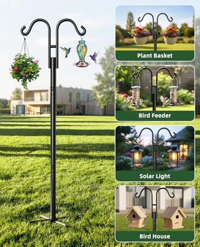 Double Shepherds Hooks, 76 Inch Bird Feeder Pole with 5-Prong Base, 3/4 Inch Thick Heavy Duty Adjustable Garden Hooks for Hanging Plants, Hummingbird