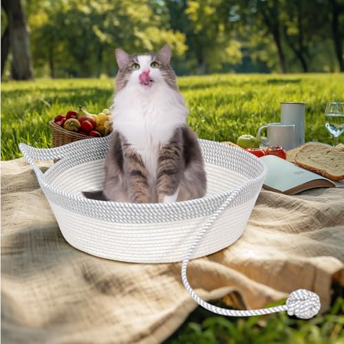 Cotton Rope Woven Cat Bed Basket, Hand Woven with Toy Tail, Small Dogs & Puppies Sleeping Bed, Indoor Cat & Rabbit Basket (Large, Gray & White)