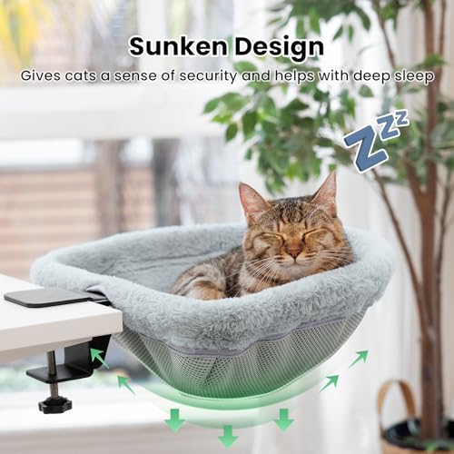 JUNSPOW Cat Desk Bed - One-Click Folding,Sunken Design & Space-Saving Semi-Circular Cat Bed, Soft Faux Rabbit Fur Material, Suitable for Various