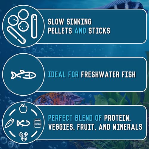 RON'S CICHLIDS Adult African Cichlid Fish Food Pellets – USA Made Slow Sinking Cichlid Pellets & Sticks Feed, Low Fillers, Ideal for Cichlid Food