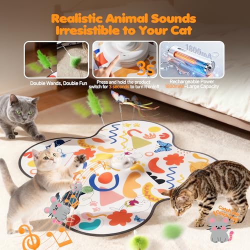 Interactive Cat Toys for Indoor Cats–Rechargeable Automatic Hide and Seek Kittens Toy with Moving Wand Feathers,Fluttering Butterfly,Real Mouse