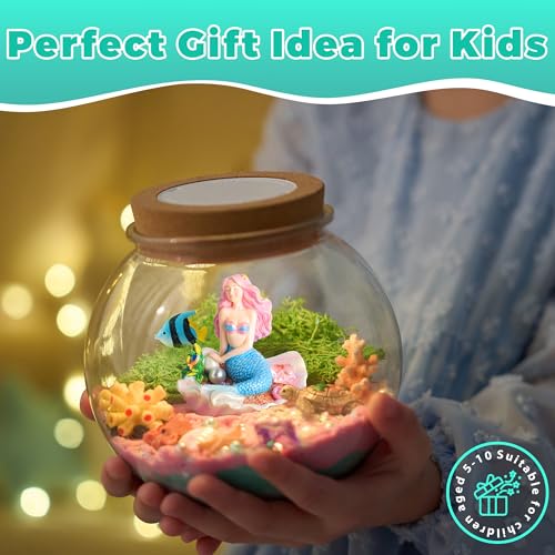 JOYEEMAX Mermaid Light-Up Terrarium Kit for Kids - LED Night Light Birthday Gift for Girls Ages 4 5 6 7 8-12 Year Old - Mermaid Toys for Girls - DIY