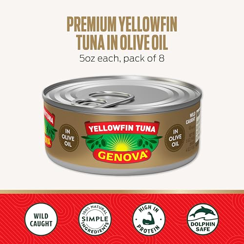 Genova Premium Yellowfin Tuna in Olive Oil, 5 Ounce Cans, 8-Pack – Nutrient Rich, High Protein Canned Tuna Fish - Delicious, Easy, Nutritious Ready