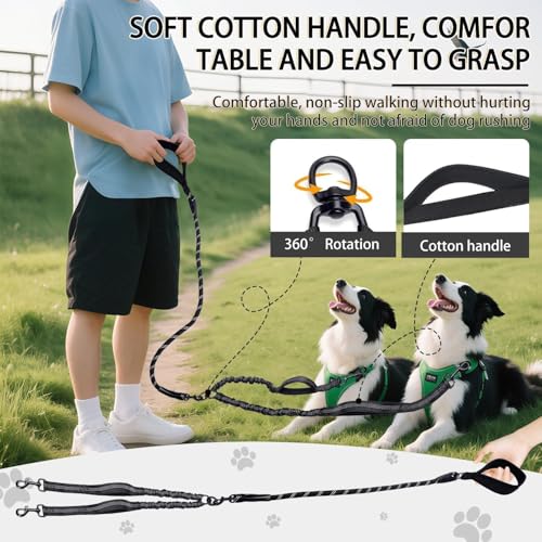 Durable Double Dog Leash Two Dog Leash No Tangle with Padded Handles & Reflective Strips for Medium Large Dogs, Comfortable Shock Absorbing Bungee