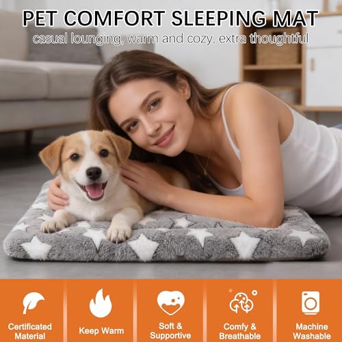 Dog Bed Mat, Reversible Crate Pad & Cute Dog Bed - Machine Washable Kennel Mat with Ultra Soft for Small Dogs (Cool/Warm), 24" x 18", Grey&Star