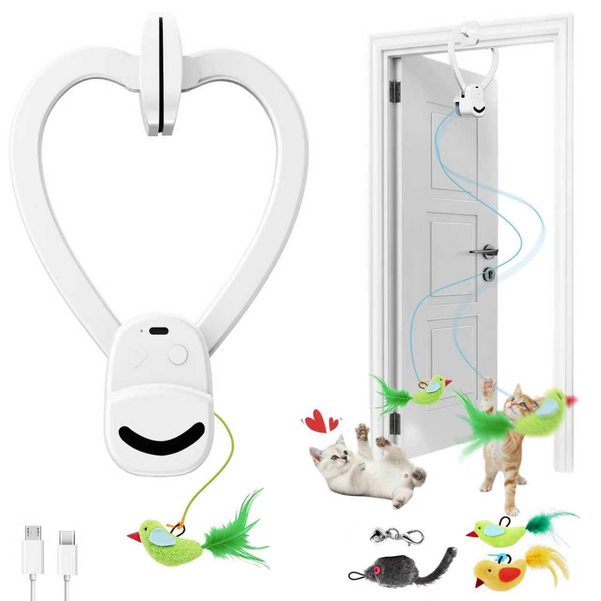 CATPICK Interactive Cat Toys for Indoor Cats - Automatic Flying Bird & Mouse Doorway Hanging Toy, USB Rechargeable Electric Kitten Toy for Hunting
