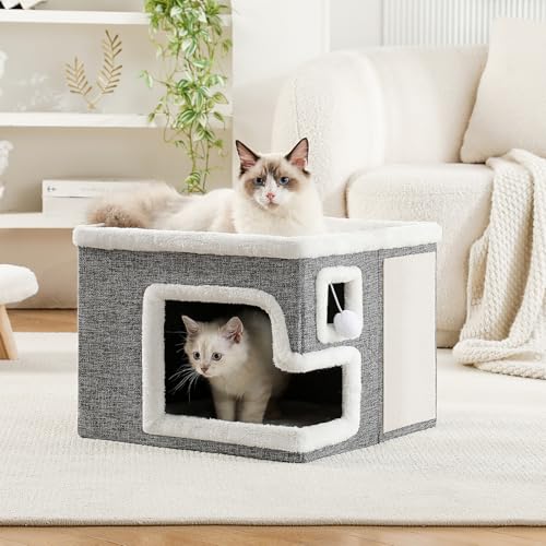 Cat Houses for Indoor Cats, Covered Cave Bed with Scratch Pad and Fluffy Ball, Foldable Cat Hideaway Condo for Large Cats, Modern Kitten