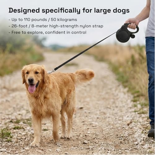 26ft Retractable Dog Leash for Large Dogs up to 110 lbs, with Waste Bag Dispenser, 8m Durable Strong Nylon Tape, 360° Tangle-Free, One-Handed