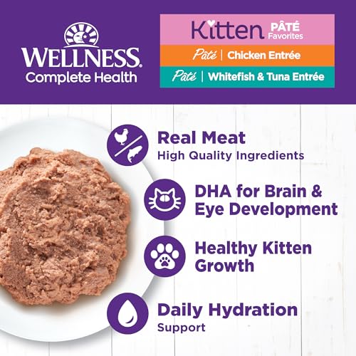 Wellness Complete Health Pate Variety Pack Kitten Canned Wet Cat Food, Natural, Protein Rich, Grain Free, Whitefish and Chicken Recipes, 3 oz, Pack