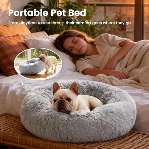 Love's cabin Calming Cat Bed for Indoor Cats, Anti-Anxiety Donut Round Dog Bed, Fluffy Faux Fur Washable Pet Bed for Small Medium Dogs and Cats