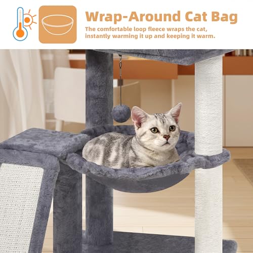 YOUPET Cat Tree with Cat Scratching Post for Indoor Cats, Cat Tower with Scratching Board and Playful Toy Balls, Cat Tree Tower with Cozy Hammock,Grey
