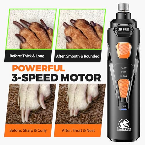 Whisper Quiet Dog Nail Grinder with 4 LED Lights, Safe & Stress-Free for Sensitive Dogs Cats of All Breeds & Sizes, 3 Grinding Bits, 3-Speed, Pet