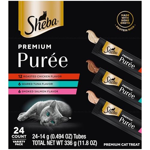 Sheba Premium Puree Cat Treats Lickable Roasted Chicken Flavor, Smoked Salmon Flavor, and Seared Tuna Flavor, 0.49 oz. Tubes, 24 Count
