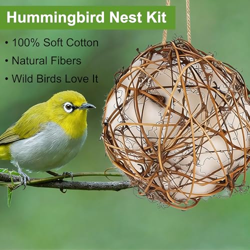 winemana Bird Nesting Material Holder for Hummingbirds, 3 Pack Natural Nesting Balls with Cotton Fibers for Wild Birds Outdoor Hummingbird House Gift