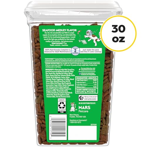 Temptations Cat Treats, Classic Crunchy and Soft Cat Treats, Seafood Medley Flavor, 30 oz. Tub