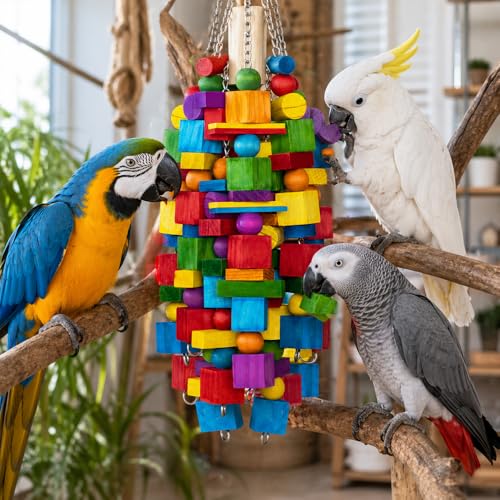 Large Bird Toy, 20 in XL Parrot Toys Natural Wood Blocks Bird Chew Toy for Foraging, Stainless Steel Chain Hanging Cage Toy for Macaws, Cockatoos