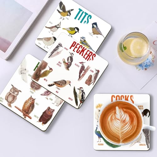 Bird Pun Coasters, Square Funny Coaster Set Coffee Coasters for Bird Lovers Kitchen Decor Housewarming Gifts (4 Pcs)