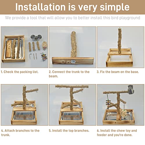 Natural Wood Bird Toys Playground, Bird Cage Accessories, Bird Perches, with Removable Tray and 2 Stainless Steel Cups