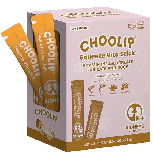 Choolip Squeeze Vita Stick Lickable Cat and Dog Treats, 49-Count Kidney Support Variety Pack, Tuna and Pollack with Pumpkin, Blueberry and Omega-3