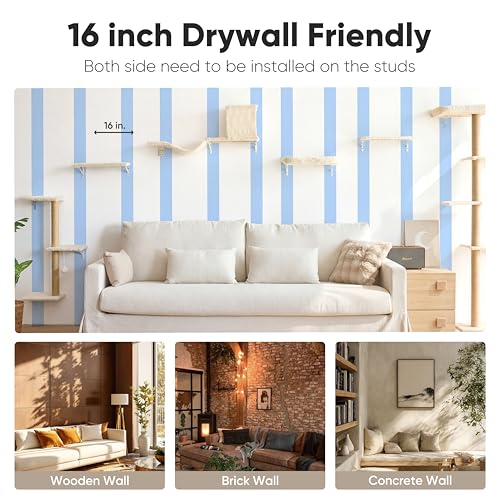 FUKUMARU Cat Wall Shelves, Stable & Safe 5 in 1 Cat Walls Furniture Set, Wooden Kitten Climbing Wall with Scratching Post for 16 Inch Drywall - Beige