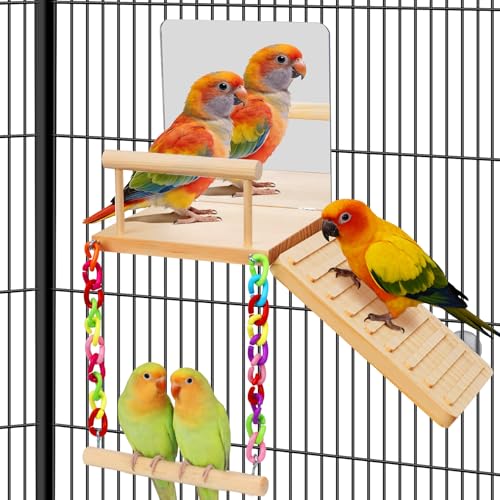 Bird Perches Platform Swing with Bird Mirror Climbing Ladder Birds Toys Cage Accessories for Cockatiels, Lovebirds, Pacific Parrotlets,Chinchilla