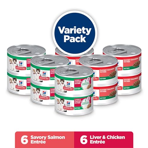 Hill's Science Diet Kitten Wet Cat Food Variety Pack, Liver & Chicken, Salmon Minced, 2.9 oz. Cans, 12-Pack