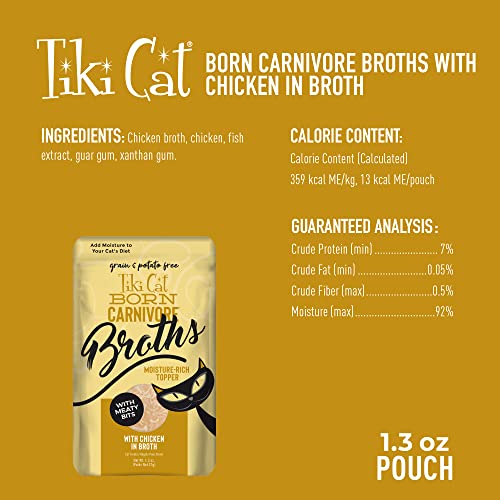 Tiki Cat Born Carnivore Broths Wet Cat Food Topper, Chicken, 1.3 oz. Pouch (12 Count)