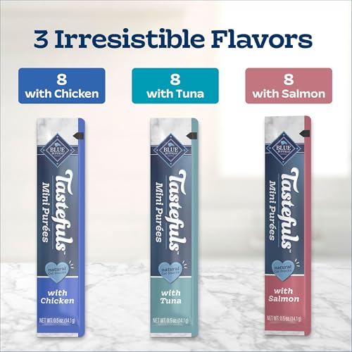Blue Buffalo Tastefuls Mini Purées Natural Cat Treats, Chicken, Tuna, Salmon Variety Pack, 0.5 oz. Single Servings, 24-Count