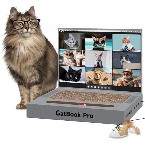 3-in-1 Cardboard Cat Scratcher Laptop with 'Mouse' Jingle Ball, Stickers, Grey Cat Interactive Toy, Kitten Toy & Cat Scratching Pad
