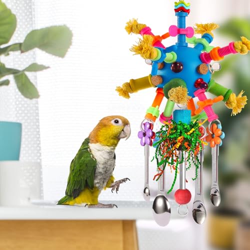 Parrot Toys Bird Toys Perch Pullable Stainless Steel Spoons Colorful Acrylic Stick Chew Toys for s Mini Macaws African Greys Cockatoos Conures