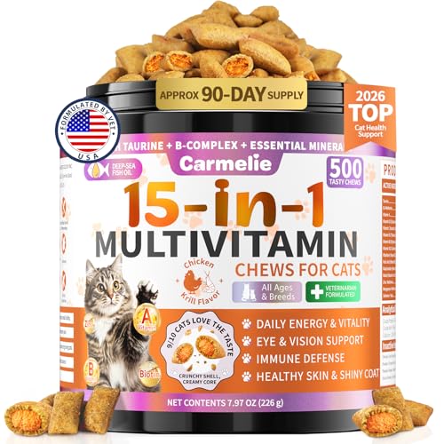 Taurine for Cats Vitamins Treats, 15 in 1 Cat Multivitamin Support Joint, Skin Coat, Digestion, Immunity & Energy, 500 Crunchy & Creamy Chews with