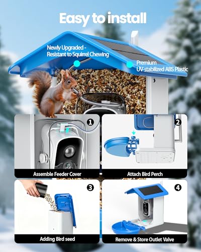 Smart Bird Feeder with Camera 2.5K QHD, AI Identify 16000+ Birds, Auto-Capture & Motion Detection, IP65 Waterproof, 5W Solar Panel, 140° Field of