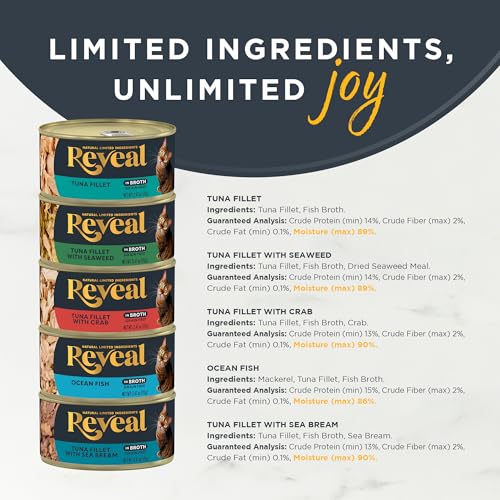 Reveal Natural Wet Canned Cat Food, 5-Flavor Variety Pack, Limited Ingredient, Grain Free, High Protein with No Artificial Additives, Fish Variety in